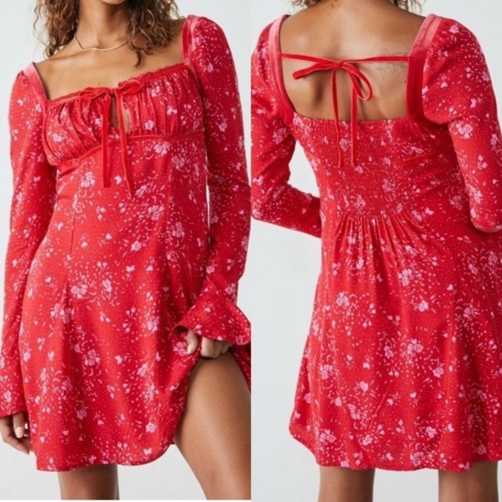 🔆 Free People Tess Floral Velvet Trim Long Sleeve Mini Dress, X-Small